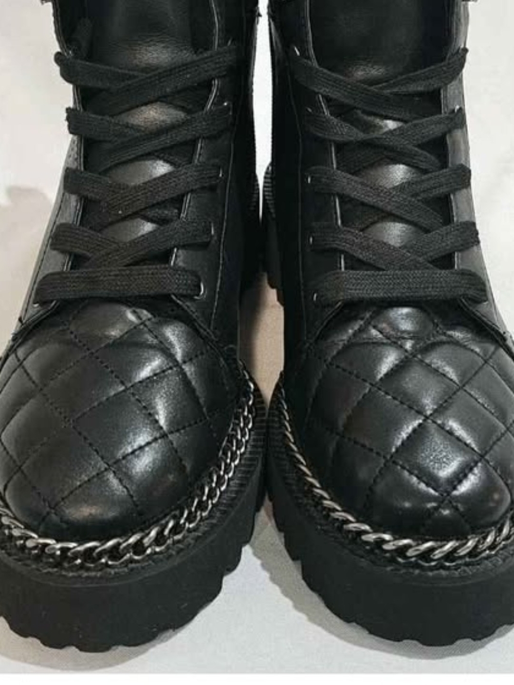 Vince Camuto Black Quilted Leather Lace-Up Boots with Chain Trim